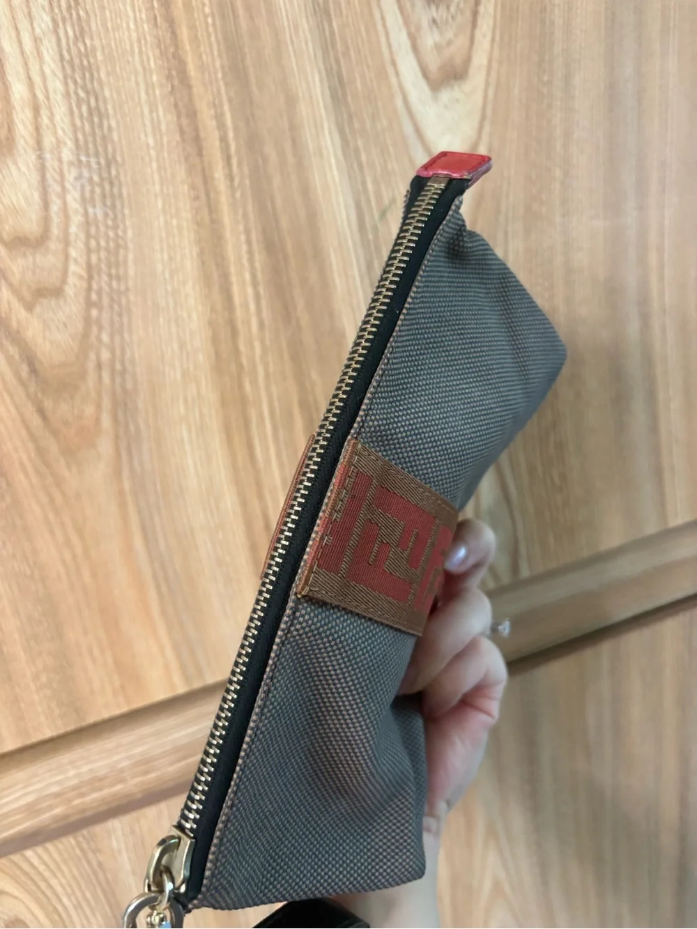 Auth Fendi Logo canvas pouch